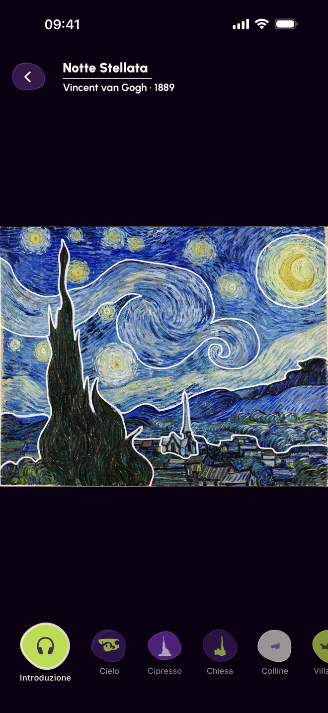 Sullo schermo: Notte Stellata di Vincent van Gogh. Contorni chiari separano cielo, onda, luna, cipresso, colline, chiesa e villaggio. In basso, una fila di pulsanti: Introduzione, Cielo, Cipresso, Chiesa, Colline, Villaggio.