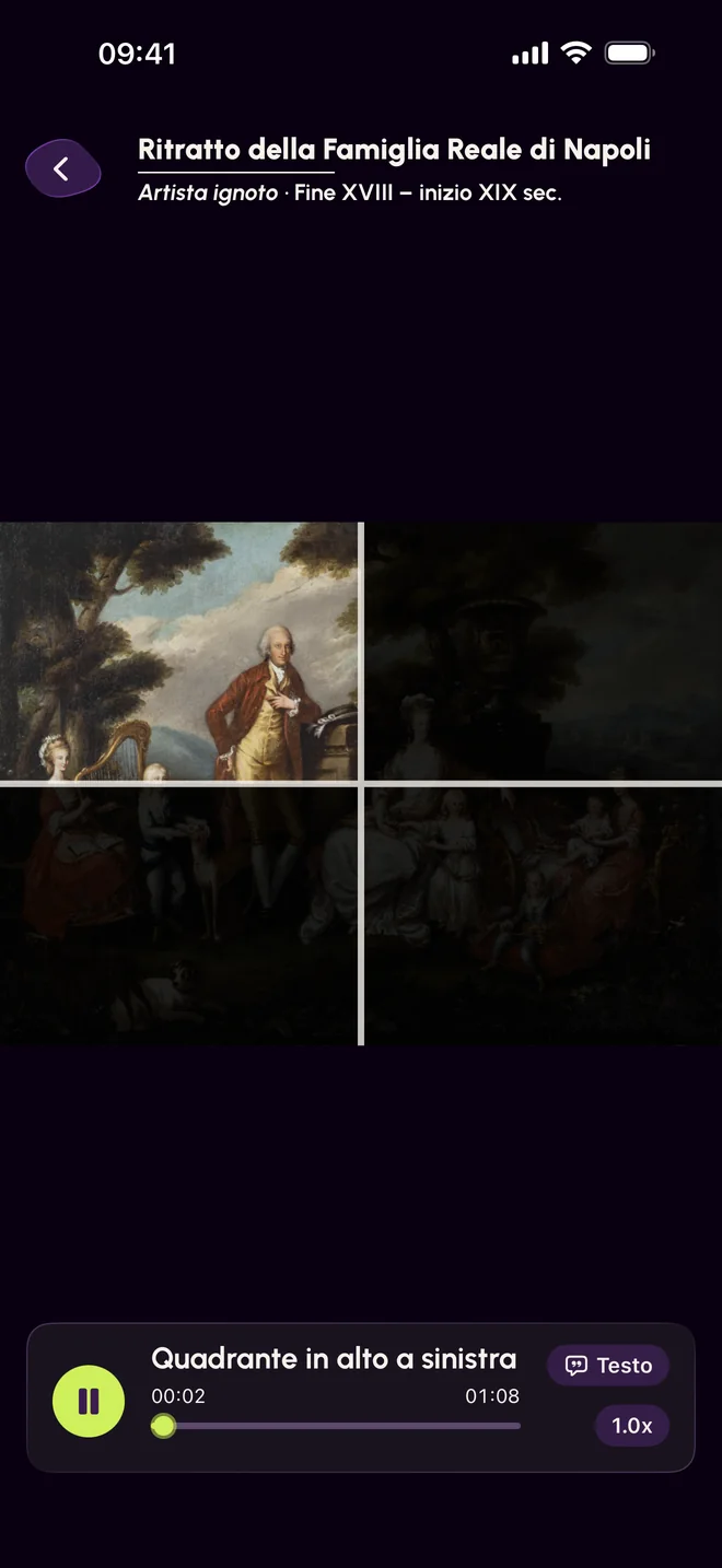 Sullo schermo: un dipinto diviso in quattro quadranti. Quello in alto a sinistra è illuminato e descritto dall'audio, gli altri tre restano in ombra.