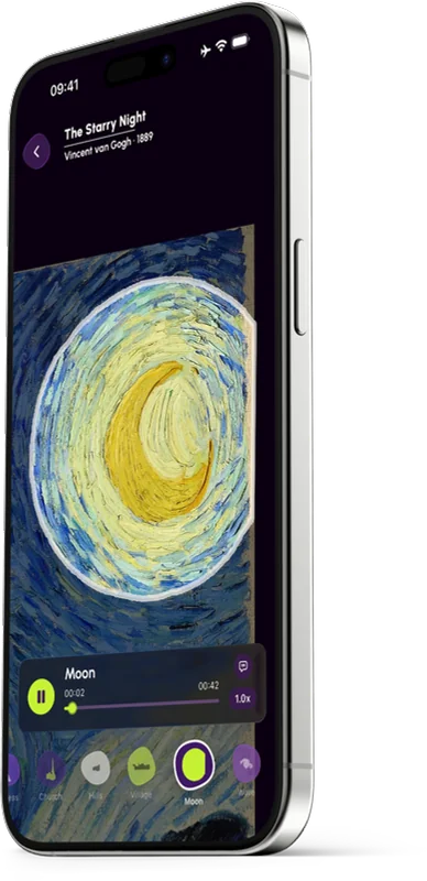Schermata di dettaglio sulla luna del dipinto, con il lettore dell'audiodescrizione in riproduzione.
